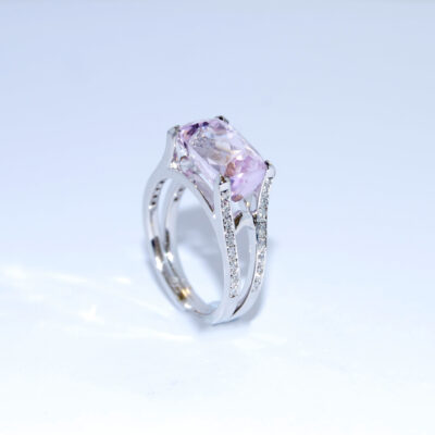 Modern Kunztite and Diamond Ring