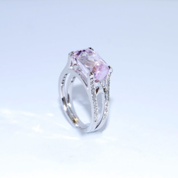 Modern Kunztite and Diamond Ring